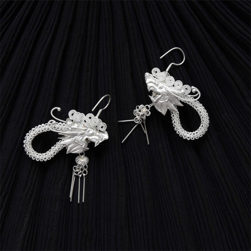 Fine Silver Miao Dragon Filigree Earrings