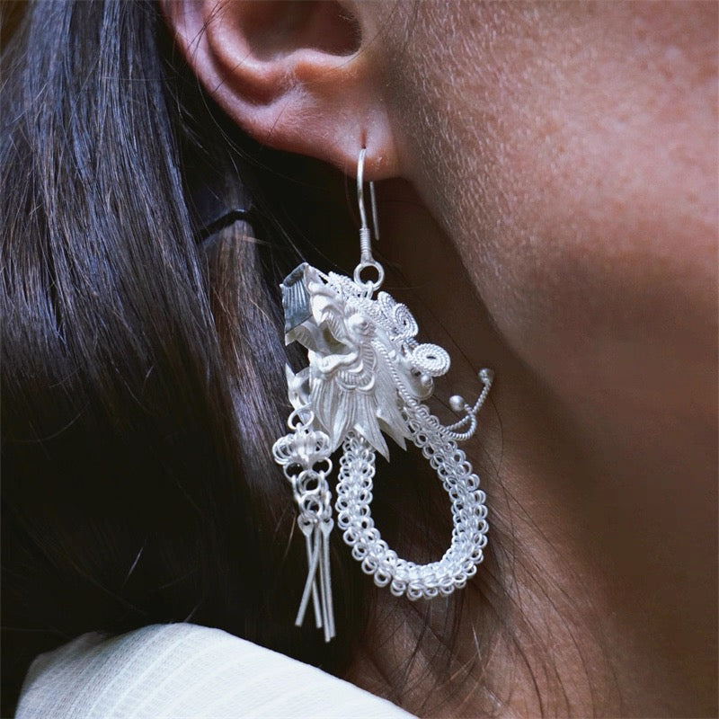 Fine Silver Miao Dragon Filigree Earrings