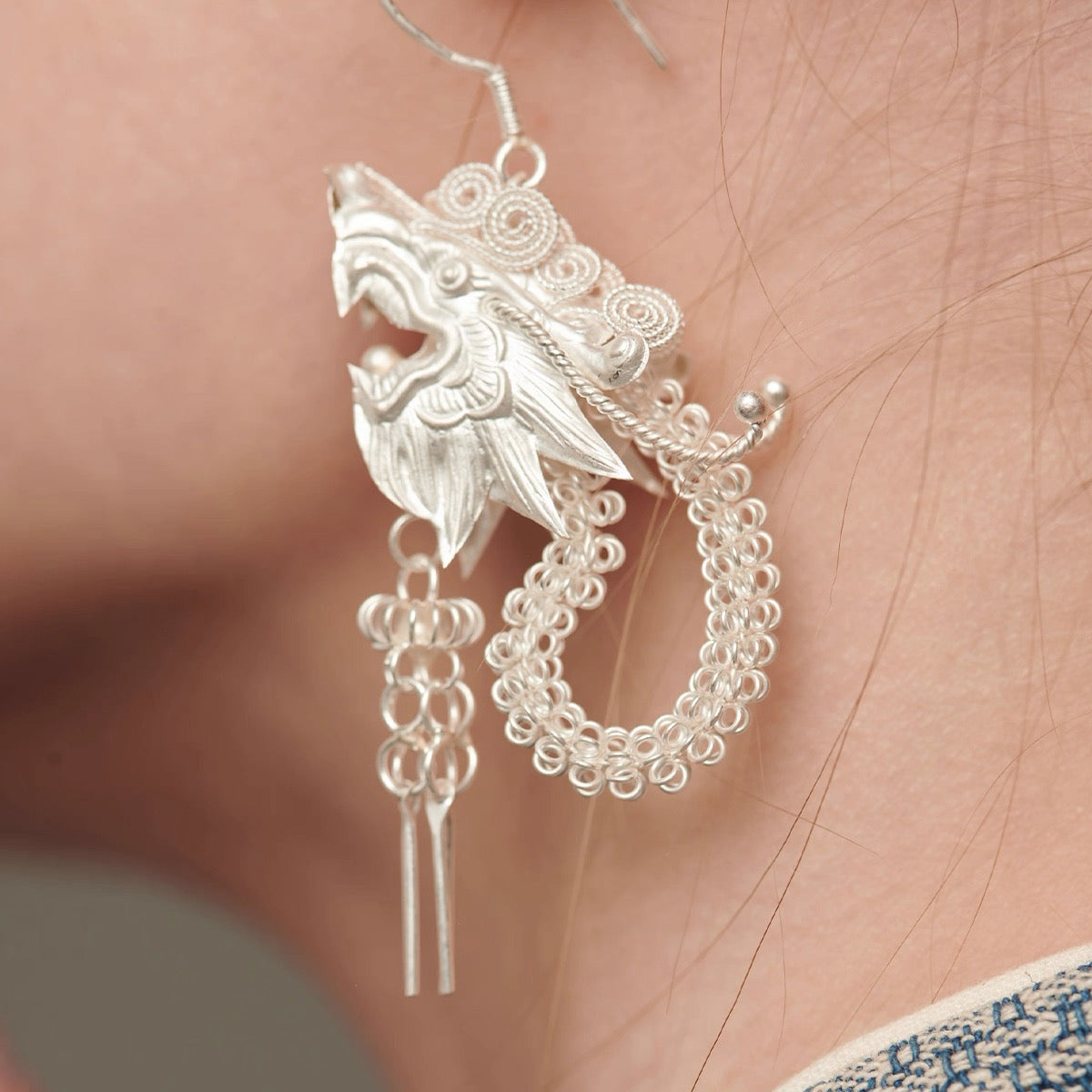 Fine Silver Miao Dragon Filigree Earrings
