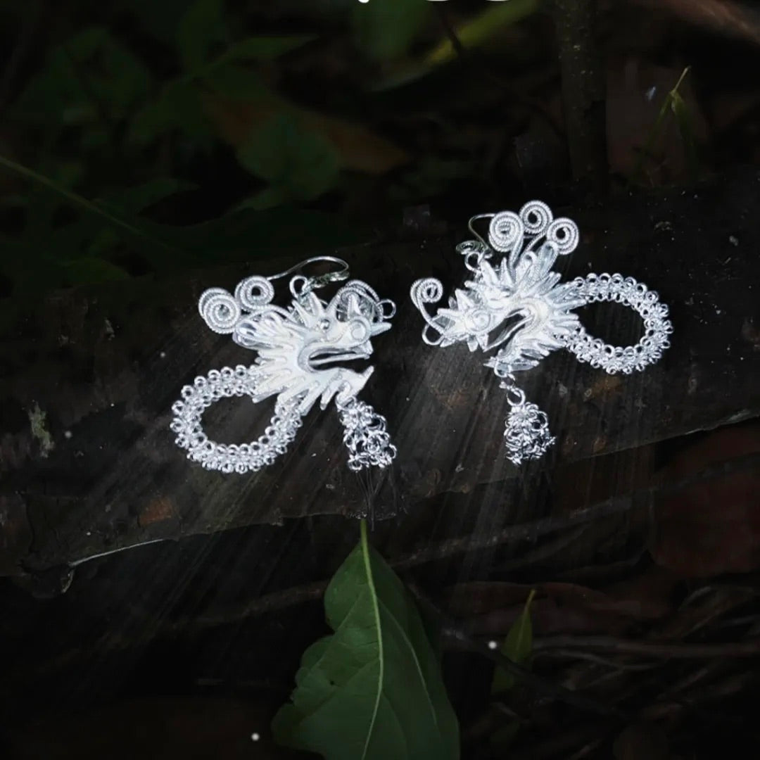 Fine Silver Miao Dragon Filigree Earrings