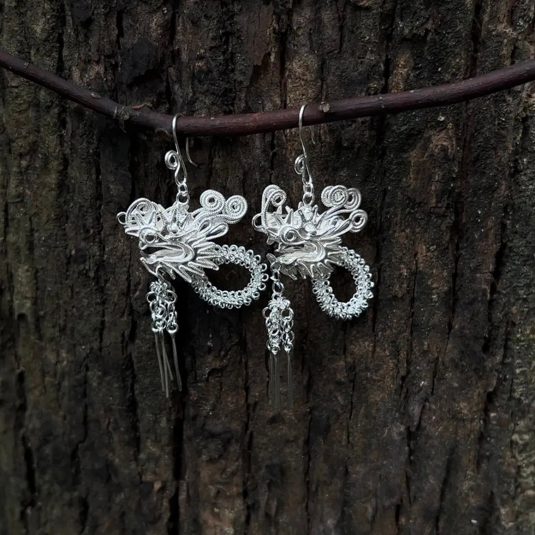 Fine Silver Miao Dragon Filigree Earrings