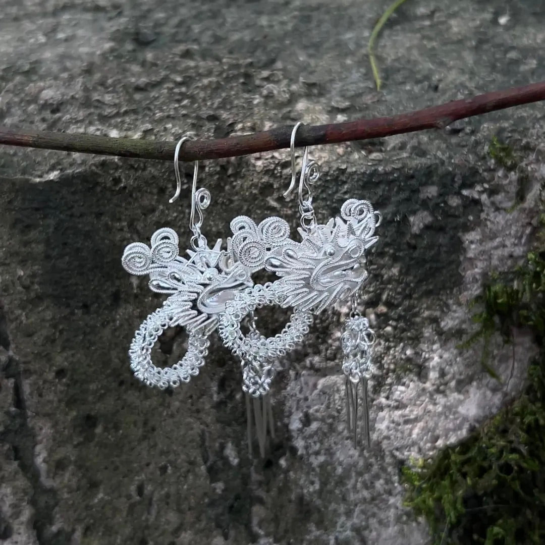 Fine Silver Miao Dragon Filigree Earrings